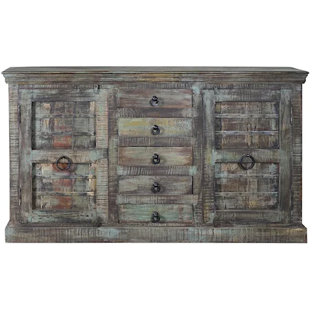 Five-Drawer Two-Door Antique Wood Buffet with Distressed Multicolor Finish
